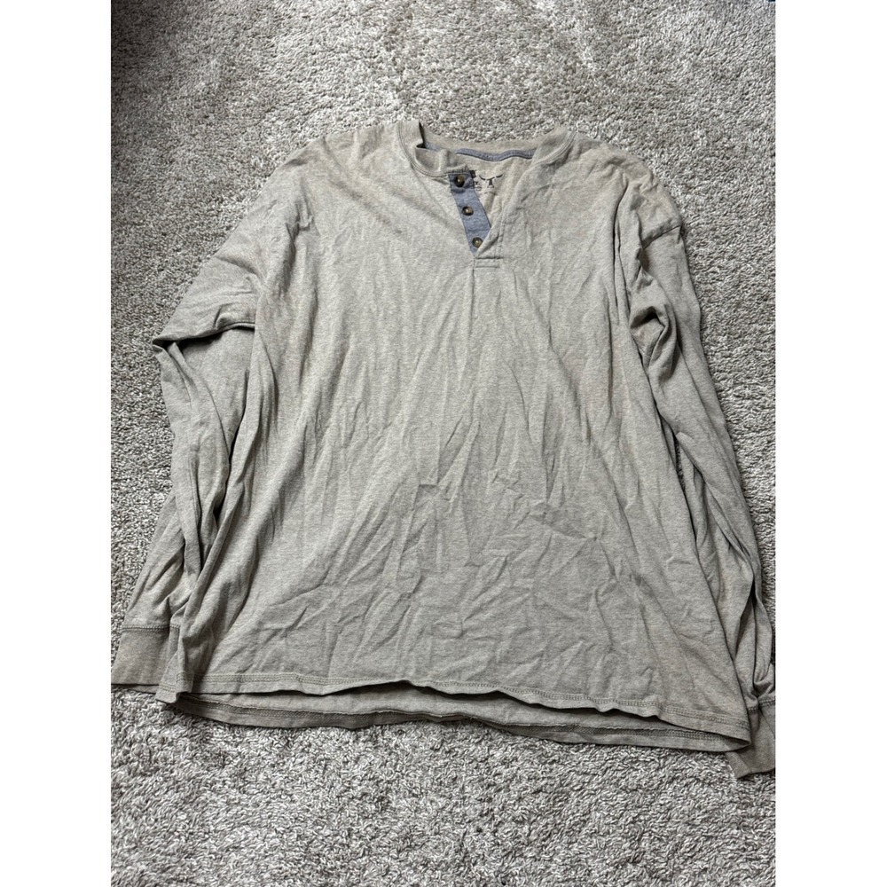 Hanes Beefy-T Mens XL Henley Shirt Long Sleeve Tan Khaki Heathered Cotton Blend